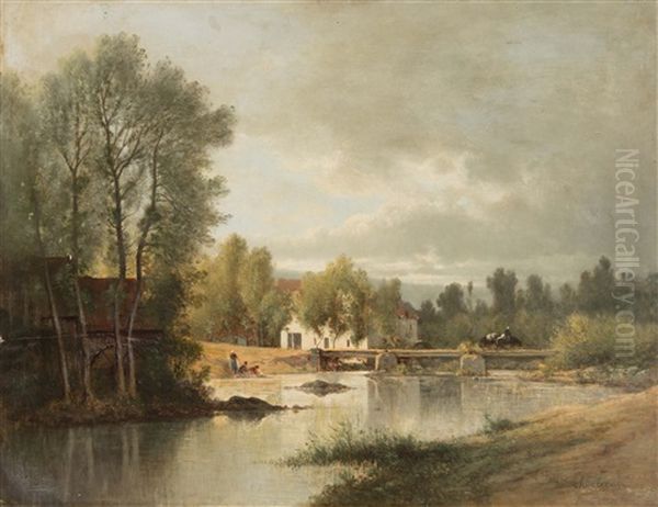 Flusslandschaft Mit Brucke Oil Painting by Antoine Chintreuil