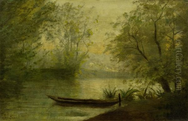 River Landscape With A Boat By The Shore Oil Painting by Antoine Chintreuil