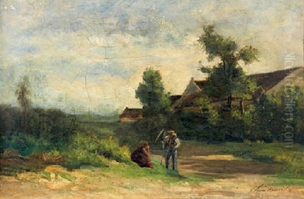 Paysan A La Faux Et Femme Devant Une Ferme Oil Painting by Antoine Chintreuil