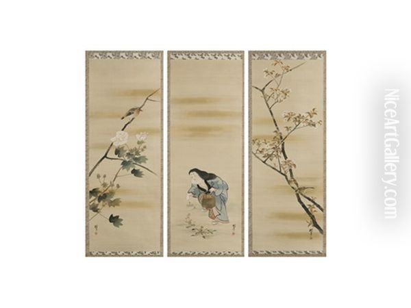 Flower / Bird / Otafuku (triptych) Oil Painting by  Chinzan