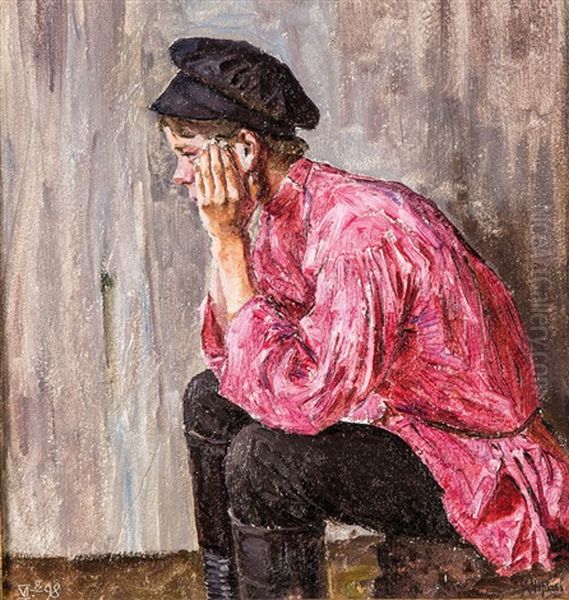 In Thought - Sitting Boy With Cap And Red Shirt by Aleksandr Inokent'evich Chirkov