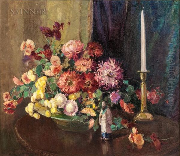 Floral Still Life With Asian Figurine Oil Painting by Alice Brown Chittenden