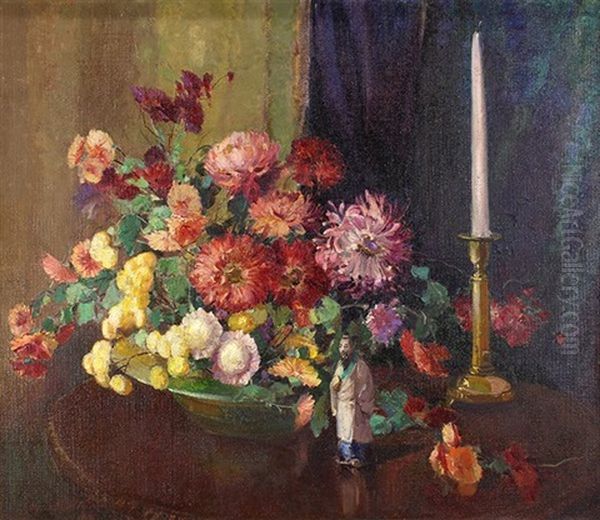 Still Life With Flowers, Asian Figurine And Candlestick Oil Painting by Alice Brown Chittenden