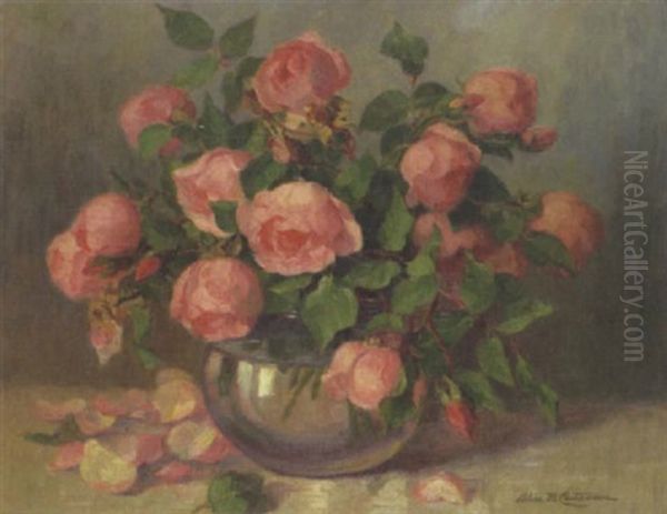 A Still Life With Pink Roses Oil Painting by Alice Brown Chittenden