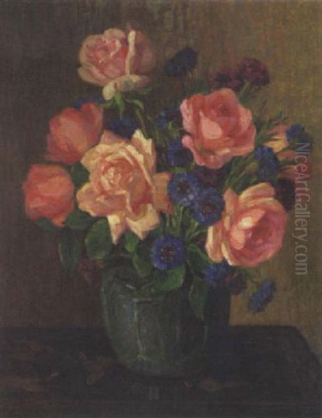 A Still Life With Roses And Cornflowers Oil Painting by Alice Brown Chittenden