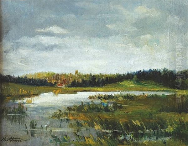 Pond With Forest And Cottage Oil Painting by Anton Chittussi