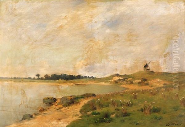 Paysage A La Riviere Et Au Moulin A Vent by Anton Chittussi