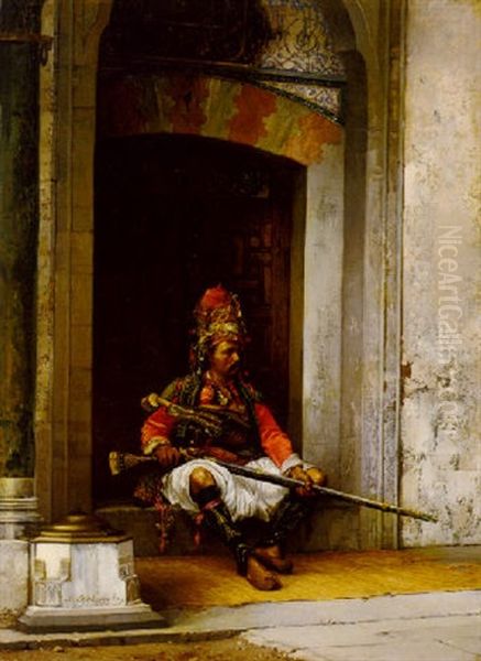 A Seated Bashi-bazouk With A Rifle Oil Painting by Stanislaus von Chlebowski