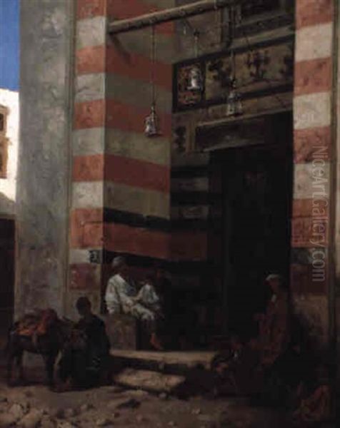 Figures Outside A Mosque Oil Painting by Stanislaus von Chlebowski