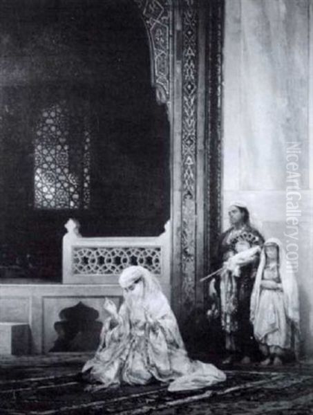 Lady With Her Attendants Praying In A Mosque Oil Painting by Stanislaus von Chlebowski