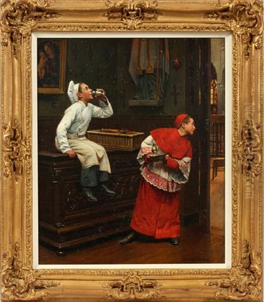 Two Young Boys, One Dressed As A Baker The Other Dressed As An Altar Boy In The Vestry Of A Church Oil Painting by Paul-Charles Chocarne-Moreau