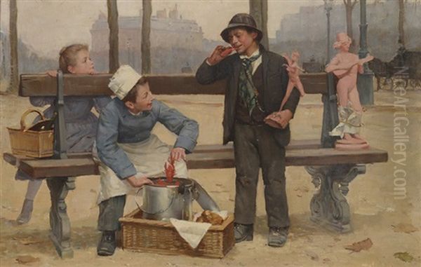 Jeunes Enfants Dans Un Parc, L'un Tenant Une Ecrevisse, L'autre Une Statue Oil Painting by Paul-Charles Chocarne-Moreau