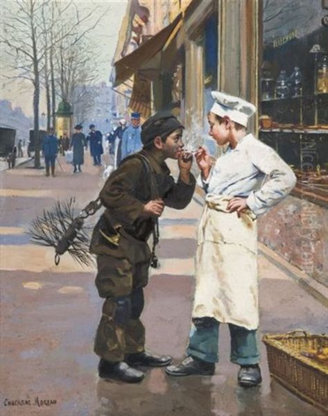 Jeunes Ramoneur Et Marmiton Fumant Des Cigarettes Oil Painting by Paul-Charles Chocarne-Moreau