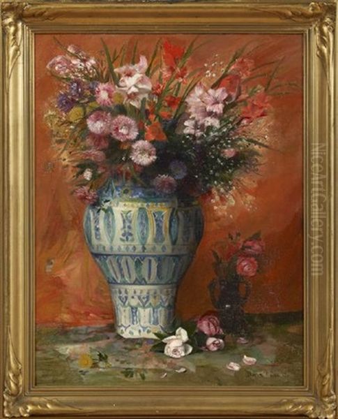 Still Life Of A Bouquet Of Flowers In A Blue And Whie Porcelain Vase Oil Painting by Paul-Charles Chocarne-Moreau