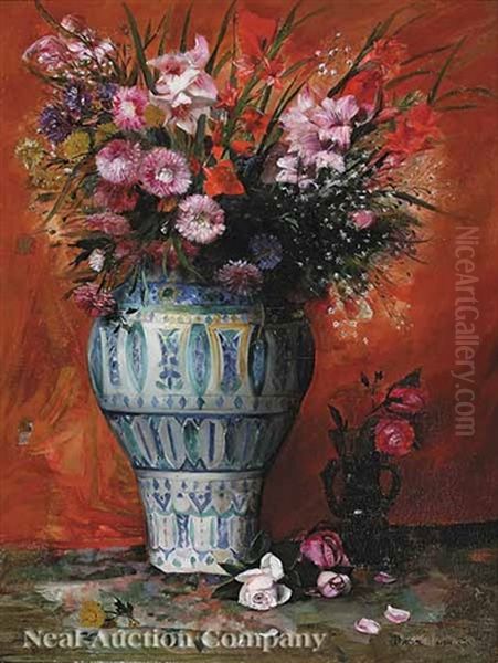 Still Life Of Pink Flowers In A Blue And White Porcelain Vase Oil Painting by Paul-Charles Chocarne-Moreau