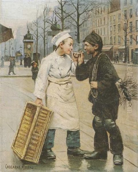 Pariser Strassenszene Mit Einem Backerjungen Und Einem Kleinen Schornsteinfeger Oil Painting by Paul-Charles Chocarne-Moreau