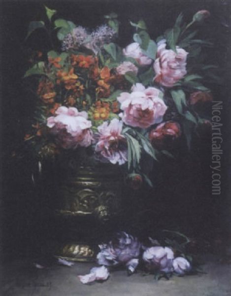 Nature Morte Au Cuivre Et Aux Pivoines Oil Painting by Paul-Charles Chocarne-Moreau