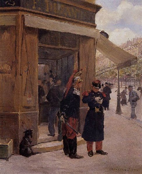 Militaires Au Cafe Durand Oil Painting by Paul-Charles Chocarne-Moreau