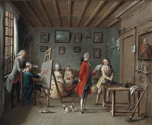 Elegant Company In An Interior With An Artist Painting A Portrait by Daniel Nikolaus Chodowiecki