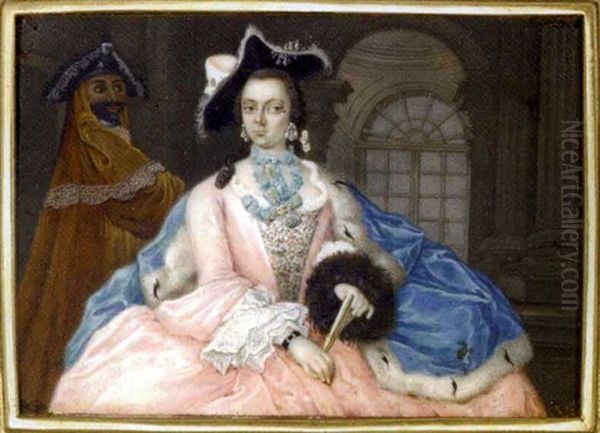 A Young Noblewoman Seated In An Interior Holding A Fan, A Bearded Servant Standing Beside Her, The Lady In Pink Silk Dress With Silver-embroidered Bodice And Lace Cuffs... Oil Painting by Daniel Nikolaus Chodowiecki