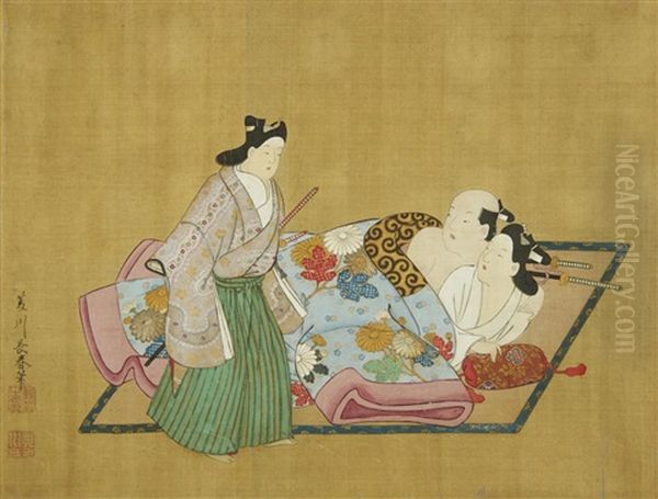 A Rare And Important Nanshoku (male-male) Shunga Handscroll Oil Painting by Miyagawa Choshun