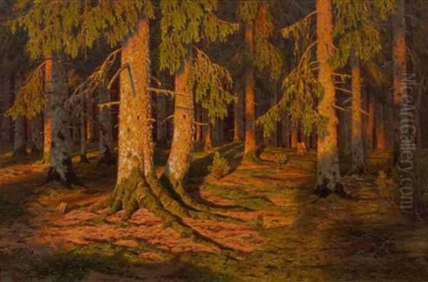 Forest Landscape At Sunset Oil Painting by Ivan Fedorovich Choultse