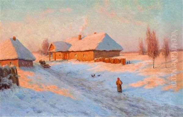 Village In Winter Oil Painting by Ivan Fedorovich Choultse