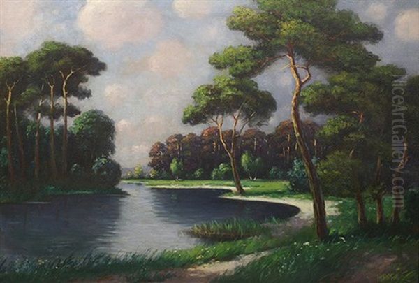 Wooded Pond Scene Oil Painting by Ivan Fedorovich Choultse