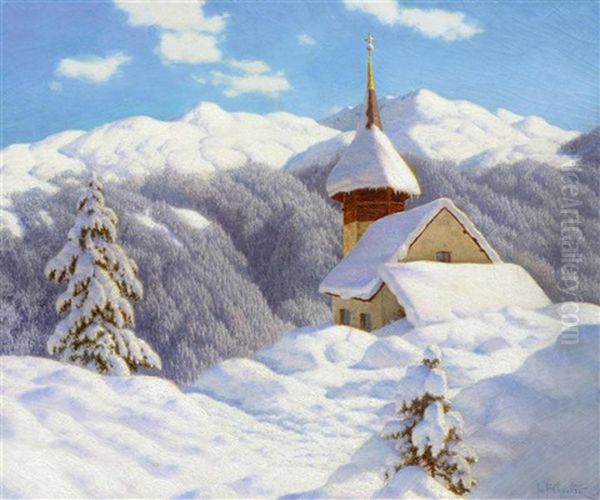 A Snowy Winter Landscape With A Small Church, Probably In The Sertig Valley Oil Painting by Ivan Fedorovich Choultse