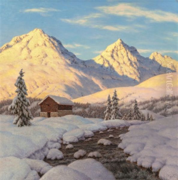 Snowy Sunrise, Circa 1920s Oil Painting by Ivan Fedorovich Choultse