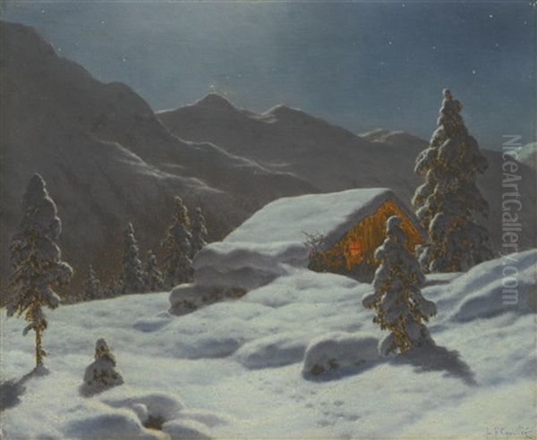 Moonlit Winter Landscape Oil Painting by Ivan Fedorovich Choultse