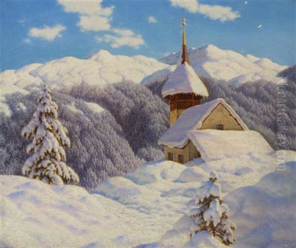 Petite Eglise Dans La Haute Montagne (engadine) Oil Painting by Ivan Fedorovich Choultse