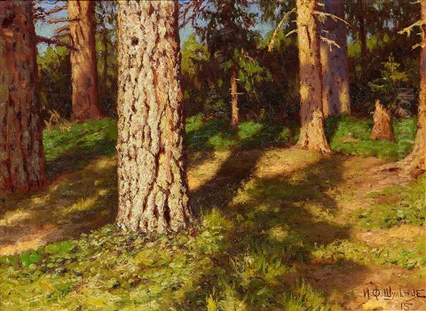 A Sunlit Pinewood Forest Oil Painting by Ivan Fedorovich Choultse