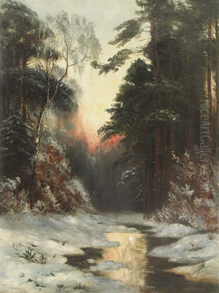 Bachlauf In Winterlandschaft Mit Abendsonne Oil Painting by Ivan Fedorovich Choultse