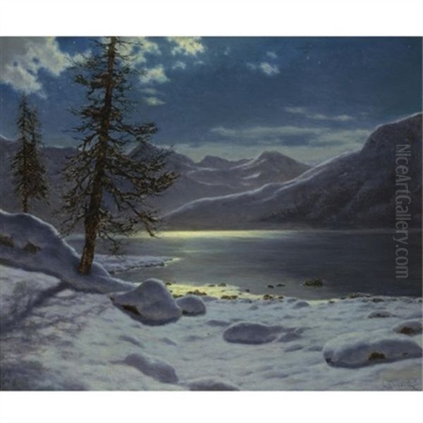 Moonlit Lake. Winter Oil Painting by Ivan Fedorovich Choultse