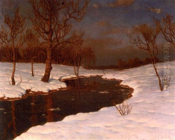 Sunset On A Snowy River Landscape Oil Painting by Ivan Fedorovich Choultse