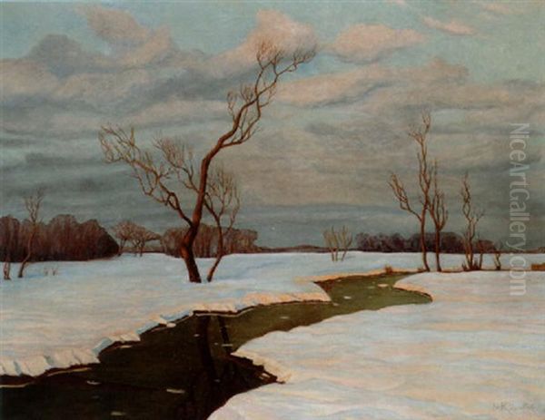 Vinterlandskap Met Vattendrag I Eftermiddagsljus Oil Painting by Ivan Fedorovich Choultse