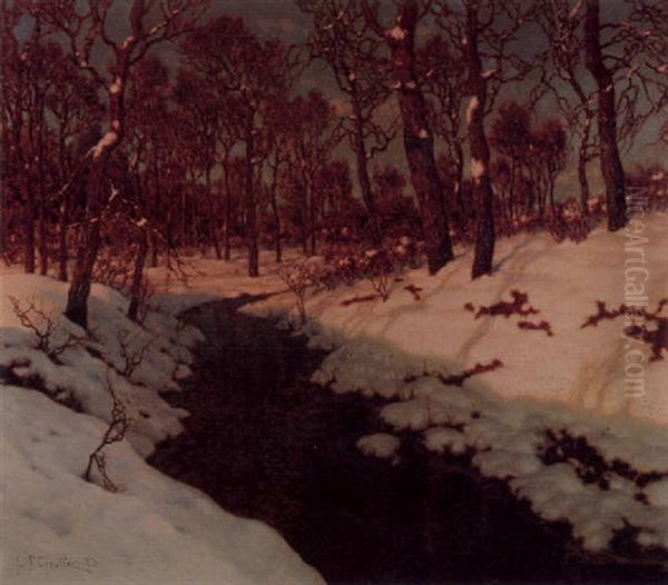 A Stream Through A Snow-covered Forest At Sunset Oil Painting by Ivan Fedorovich Choultse