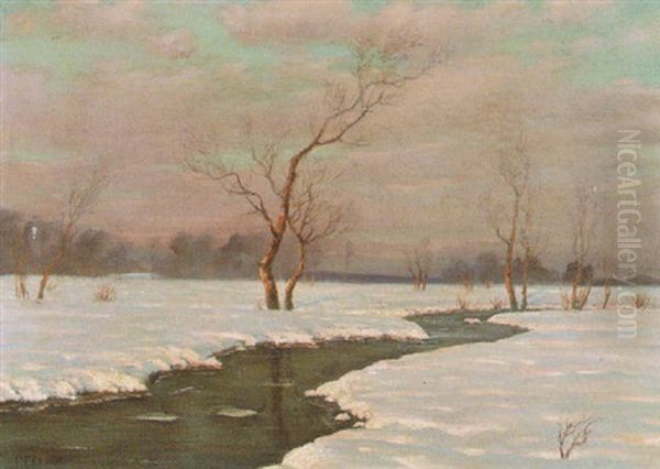 Golden Light On A Snow Covered Landscape With Stream Oil Painting by Ivan Fedorovich Choultse