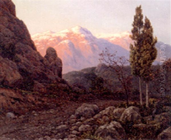 Sunlit Mountains In A Landscape Oil Painting by Ivan Fedorovich Choultse