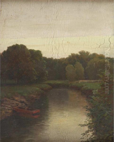 Verdant Landscape At Dusk With Boat At Water's Edge Oil Painting by Frank Anderson