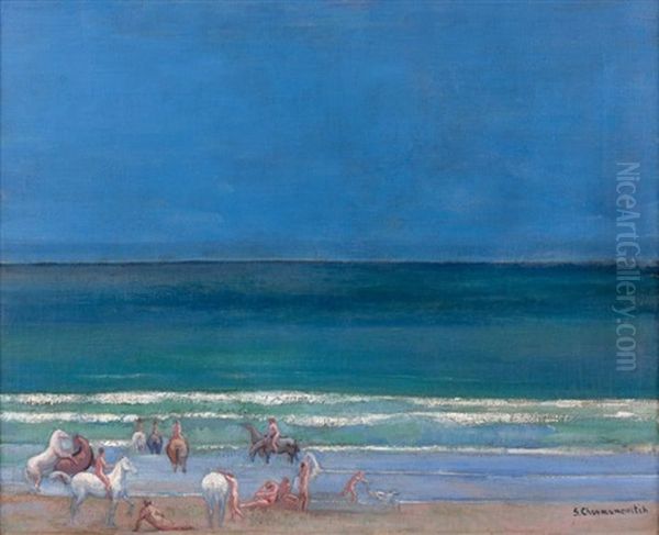 La Baignade Des Chevaux Ii, Sainte Anne De La Palud Oil Painting by Sava Choumanovitch