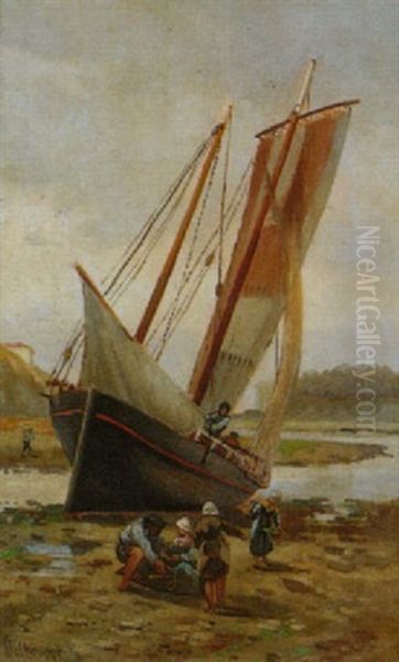 Bateau De Peche Sur La Greve Oil Painting by Jean Henri Chouppe