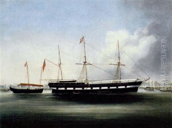 A Ship Of The White Diamond Line Off Shanghai Oil Painting by  Chow Kwa