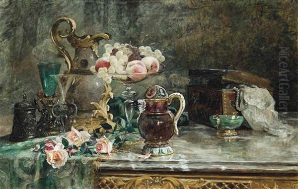 Roses, Fruits And Jewellery On A Ledge Oil Painting by Rene Louis Chretien