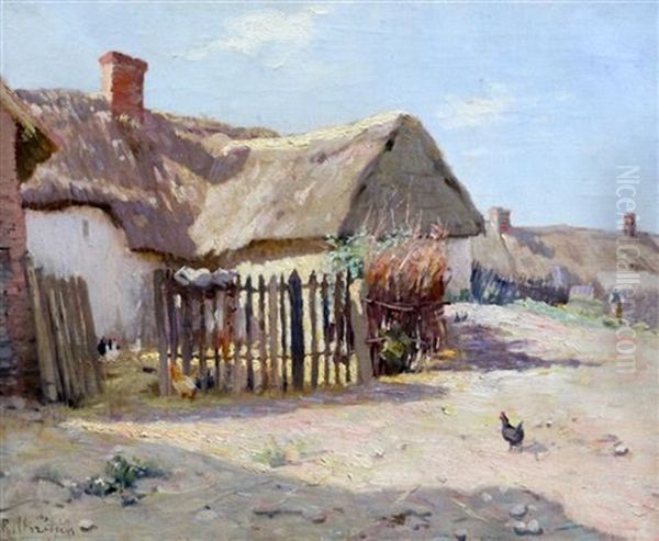 Chickens Beside A Thatched Farmhouse Oil Painting by Rene Louis Chretien