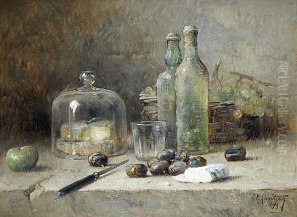 Still Life Of Fruit, Wine And Cheese Oil Painting by Rene Louis Chretien