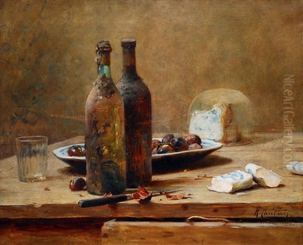 Stilleben Mit Flaschen, Glas Und Kase Oil Painting by Rene Louis Chretien