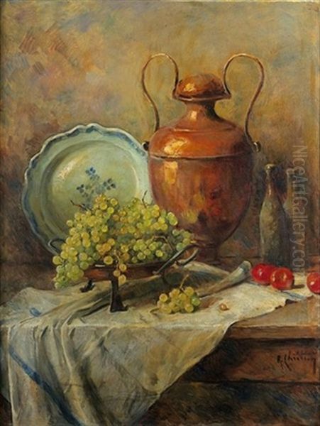 Nature Morte Au Plat De Raisin Et Piece De Dinanderie Oil Painting by Rene Louis Chretien