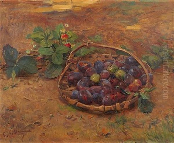 Un Panier De Prunes Et Fraises Oil Painting by Rene Louis Chretien